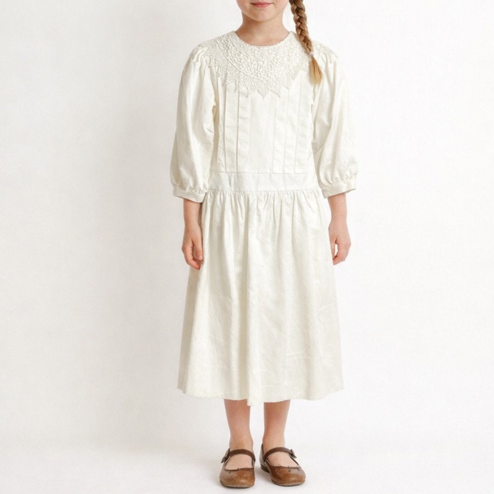 Vtg‎ Sylvia Whyte Girls Dress Sz 7 White Lace Collar Pleated Cottagecore Prairie